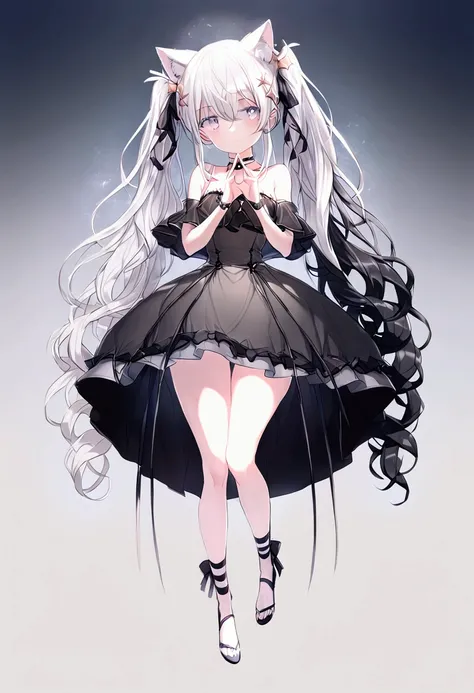 
long hair, white hair, off shoulder, gothic lolita, choker, looking at viewer, front view, shiny hair, full body shot, swimsuit, two side up, messy hair, hair covering eyes, pale skin, lanky, , two girl, streaked hair, hood, delicate facial features, emac...