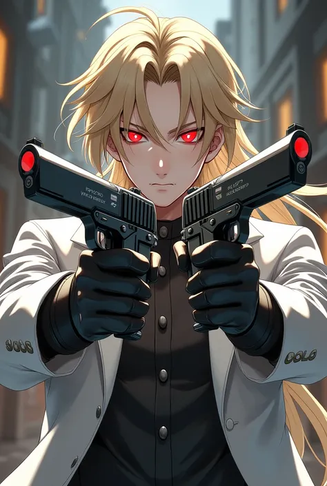 <xml><input>human,MASCULINE,red eyes,shooter,two estinpank style pistols,blonde hair,white overcoat,Age(),medieval anime style.