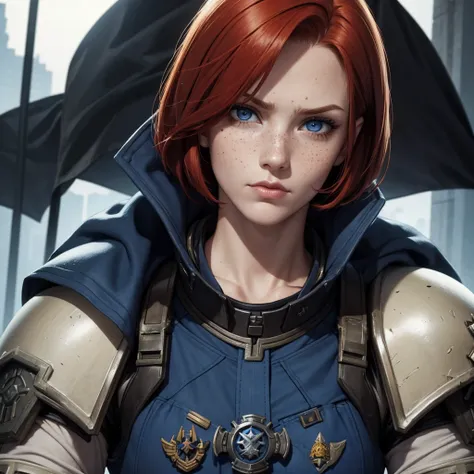 adult woman, short hair redhead, dark blue eyes, face with freckles, strong and fearless, wearing army uniform, Warhammer 40k 