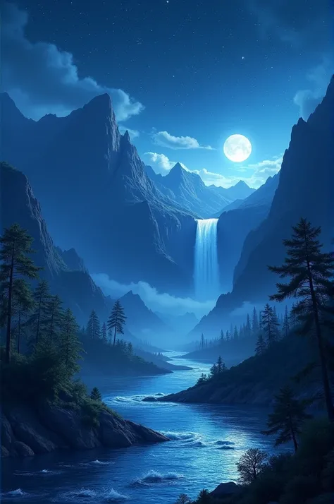 Create a night sky with star and background a river, wterfall and mountain