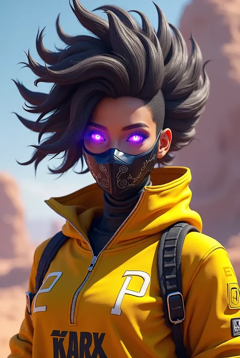 Personagem de free fire cabelo super kalahari, eyes with purple ray, bioforge mask, yellow team shirt. 