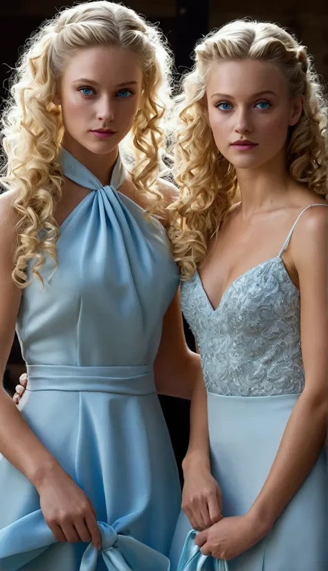 (photorealism: 1.2), a beautiful 2 woman with long curly blonde hair, she must have her hair tied upshe must have light blue eyes, she must be wearing formal dress, She must wear sandals, She must be at a party