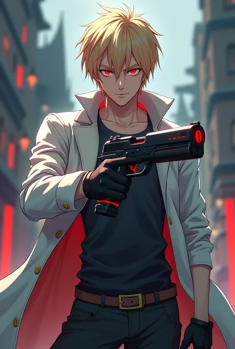 <xml><input>human,MASCULINE,red eyes,shooter,a estinpank style pistol,short blonde hair,white overcoat,Age(),medieval anime style,