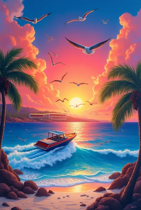 I want to surprise in my drawing class so I need an image of a polychrome beach drawing with a surprising sunset, seagulls, sea with waves,  speedboat, a beautiful sun, Marine animals, Palm trees, arena, with beautiful tempera colors done with a brush, hor...