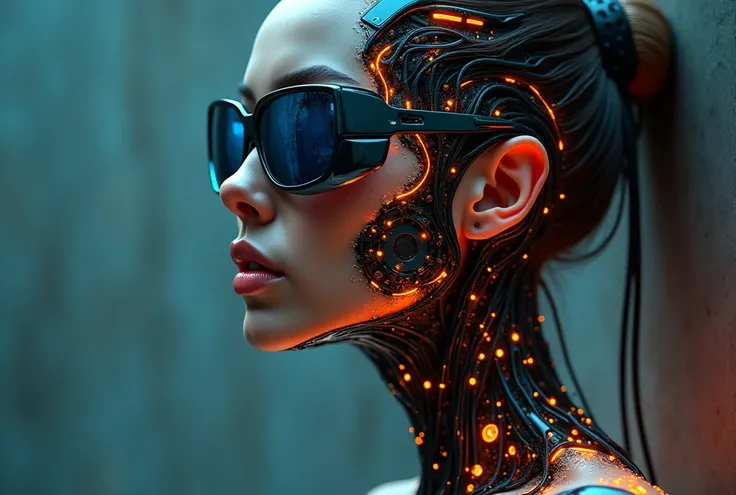 a female cyborg with intricate mechanical details on face and neck, seamlessly integrated skin with exposed circuits, wires, glowing neon panels in orange, blue, red, wearing reflective blue-tinted sunglasses, sleek and highly-detailed design, blend of tec...