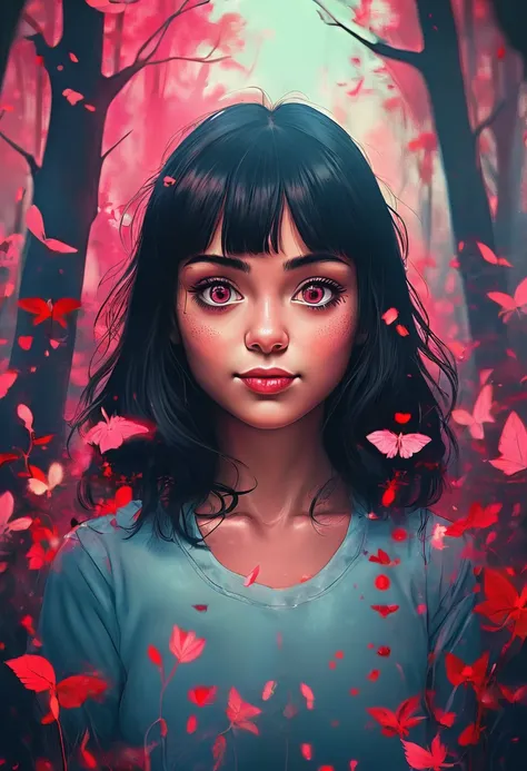 cartoon illustration of a girl merged into a dark forest scene, simplistic,symbolic, artistic, abstract,
jed-dblexpsre effect , ...