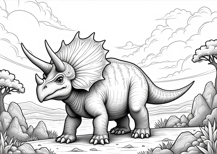 Prehistoric world.1.5, grand scape, clouds, 1, Xenoceratops em uma savana, Create a drawing illustration , by Hugh Hughes in a vibrant and playful environment. line art coloring page. The overall style should be black and white drawing., suitable for a col...