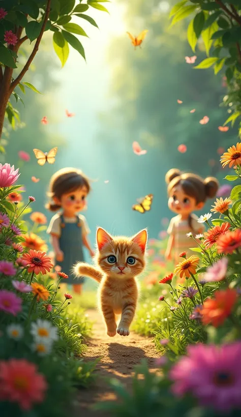 Sunny garden, Tico the Kitten, Dona Mimi, Grasshopper Gafi, colorful flowers, Playing in the garden, jumps and hideouts, Magic with leaves and flowers, Garden animals, Magical presentation