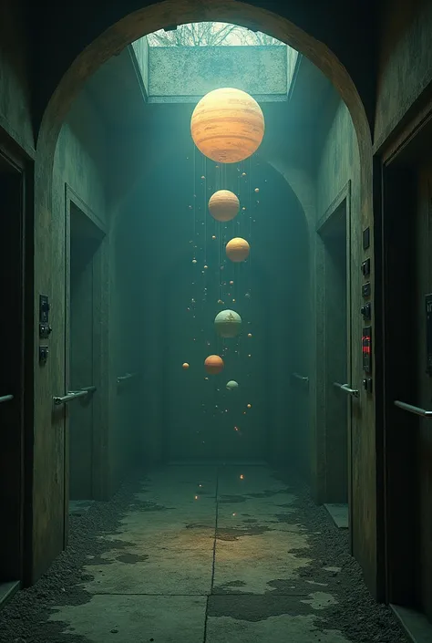 An empty room with an old elevator as an exit. In the center of the room is a miniature solar system, and all around there is darkness