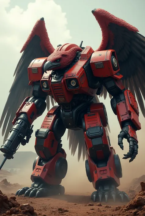 A vulture with open wings and machine guns in red and black colors fused with a war tank 