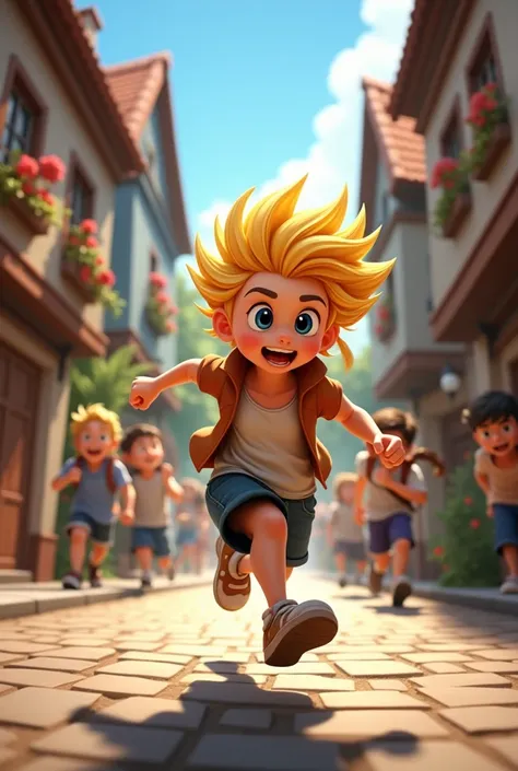 A blonde running in the middle of a village
