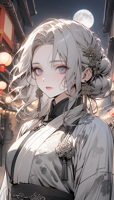 Masterpiece, Best, Night, Full Moon, 1 Female, Mature Woman, Chinese Style, Ancient China, Elder Sister, Royal Sister, Cold Face, Expressionless, Silver White Long Haired Woman, Pale Pink Lips, Calm, Intellectual, Three Belts, Gray Hitomi, assassin, dagger...