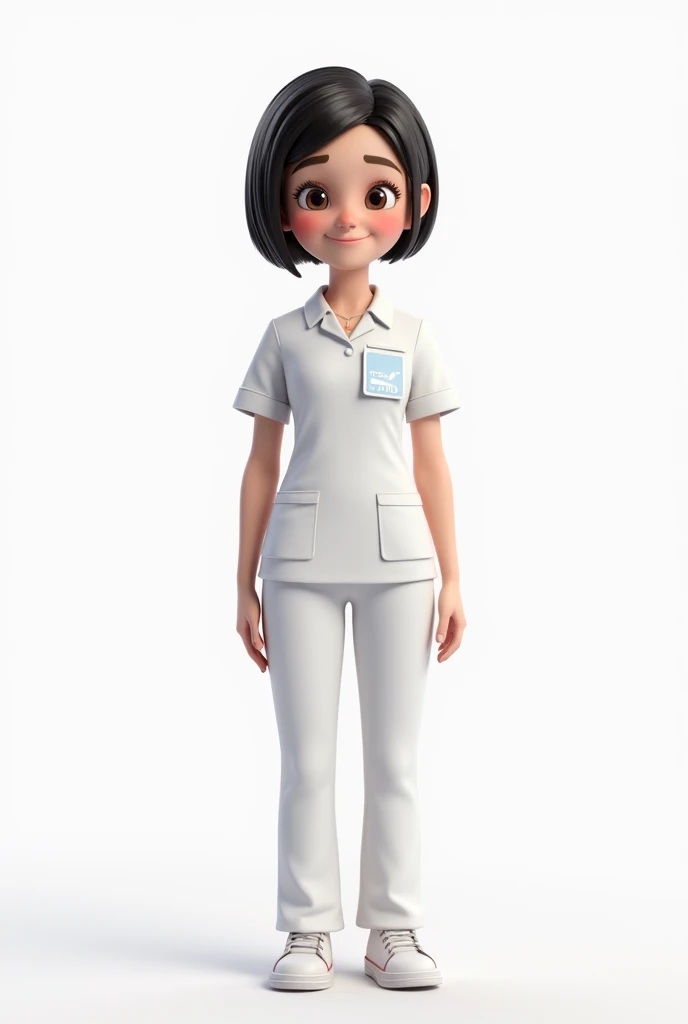 Generate an image of a female cartoon short haired person wearing a medical short sleeve dress with white background . Make its uniform white and without the stethoscope . Remove the stethoscope . Make it realistic and put a nameplate on its left chest 