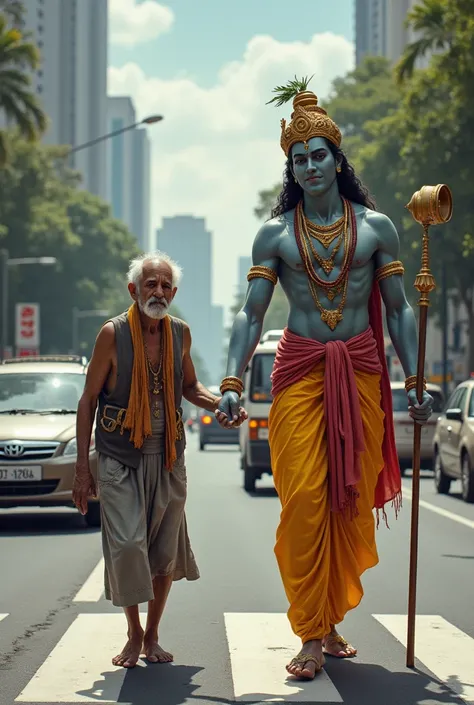 Vishnu The Hindu Lord helping blind old man,while crossing road