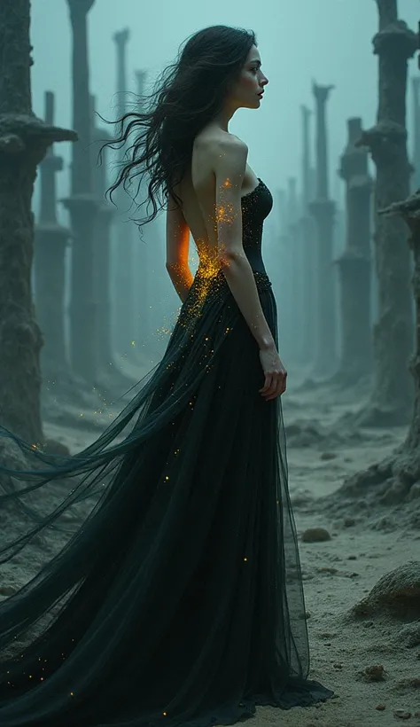 A dark fantasy image of a beautiful woman plasma glowing streams dressed in black, close-up of her torso, standing in the middle of a desolate wasteland surrounded by skeletons. The art style is attributed to the work of M.W. Hintz, Greg Rutkowski, and Alp...