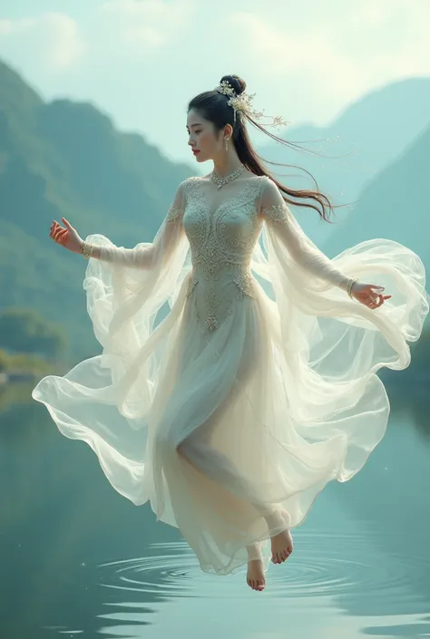 Staring at the distant sky)))((Wearing a white transparent veil,Chinese fairy skirted in ancient Chinese dynasty clothes,skirt,Hanfu,embroidery,Beautiful,Meticulous,(chiffon:1.4),1 female,view, high point,Throw(From above:1.1), one person, hair accessorie...