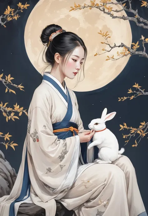 A beautiful artistic illustration, with elegant and delicate Chinese gongbi brushstrokes and color tones as the main focus. The key lines are outlined in gold to enhance the gorgeous texture of the picture. The entire scene depicts a delicate Hanfu woman h...