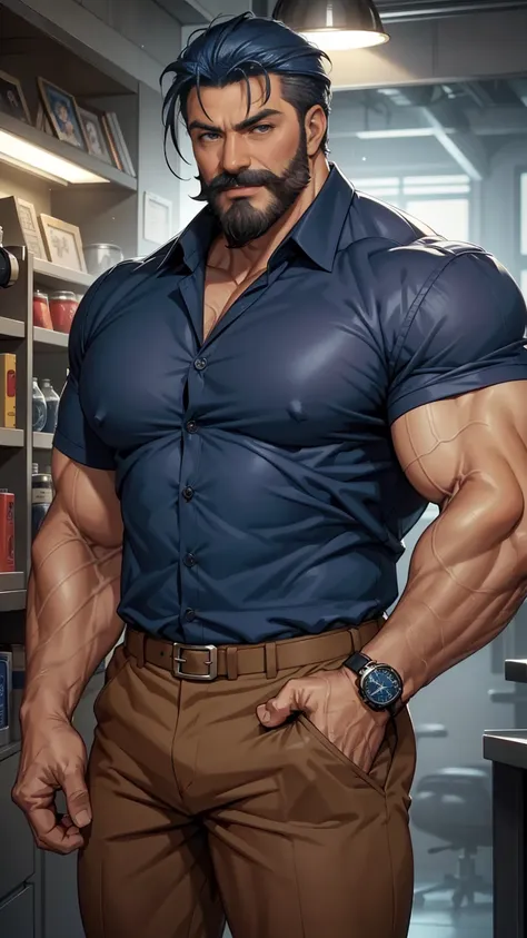 a muscular man, middle-aged, 56 y.o, quiff hairstyle, dark blue hair, dark blue mustache, dark blue beard, beige blouse, dark br...