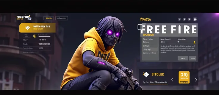 Free fire character with black hair, 3d purple ray eyes,black mask, yellow team shirt 