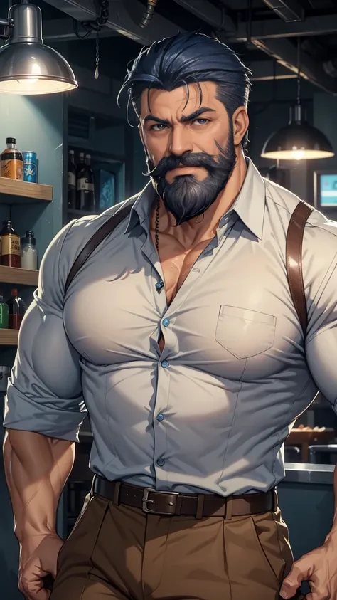 a muscular man, middle-aged, 56 y.o, quiff hairstyle, dark blue hair, dark blue mustache, dark blue beard, beige blouse, dark br...