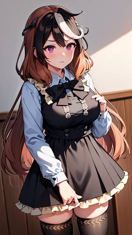 Illustration solo solo focus hotel room embarrassed cinematic light (finely detailed face and beautiful eyes:1.2) (masterpiece:1.5) (best quality:1.2) bow skirt black bow kawaii eyes twintails thighhighs cameltoe black hair lace cowboy shot shirt black foo...