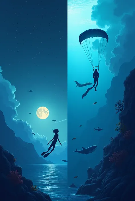 Make me an illustration in royal blue and soft that contains: On the left side there is a parachutist and in the background you can see a moon, Stars and Clouds. And on the right side a diver who in the background can see marine animals such as whales, Str...