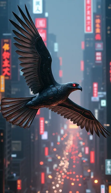 "Envision a futuristic mechanical bird, its body a marvel of precision engineering, darting through the night sky of a neon-lit metropolis. Its metallic feathers gleam as they catch the harsh glow of the neon signs below, while its talons, sharp and gleami...