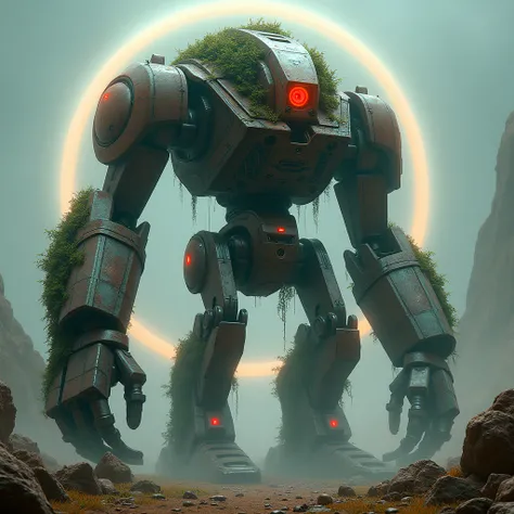 A robot with a futuristic and alien design. he has a humanoid shape, with large mechanical arms and a worn, rusty metal body. His head has an angular helmet, covered in moss and vines. A single glowing red eye in the center emits a bright light. The scene ...