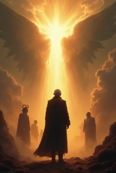 The scene where Faust appears before God and the Devil but goes over to the light side , Horizontal Image , style realism , in warm shades