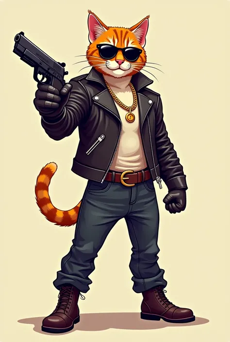 cat with a gold chain around its neck, in a biker leather jacket, in leather gloves, full-length figure, stands in a heroic pose, holds a large pistol in his paw, in sunglasses, illustration, vector, flat style, high quality, bright colors
   