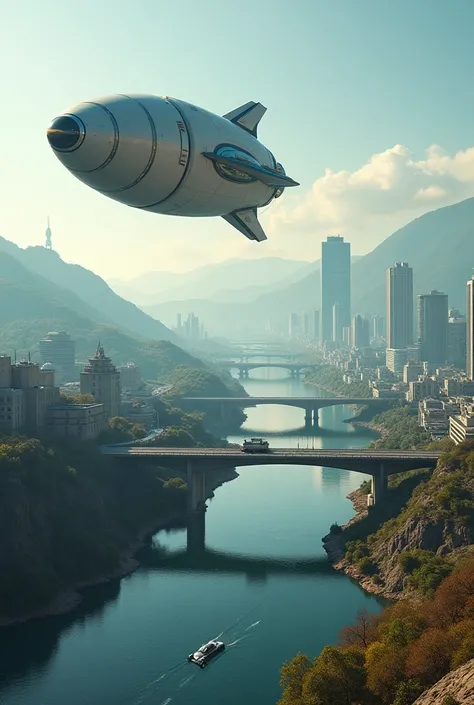 Photorealistic,RAW Photos,River in the middle, Two big bridges, Cities developed on both sides, A futuristic advertising balloon floating in the sky,Flying Car,Bird&#39;s-eye view,Little countryside