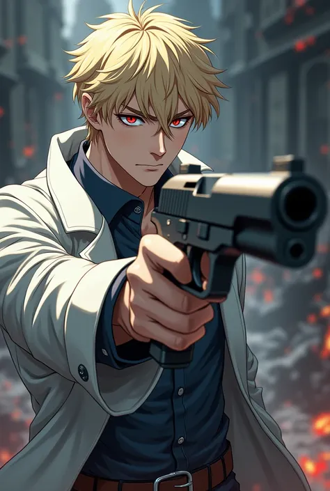 <xml><input>human,MASCULINE,red eyes,shooter,a medieval style pistol,short blonde hair,white overcoat,Age(),medieval anime style, sharp shark teeth.