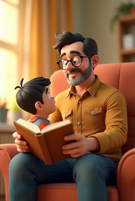 Jakes Dad:A middle-aged man with kind eyes, wearing glasses, a casual button-up shirt, and jeans. He sits in a chair with a book in hand, smiling warmly at Jake, offering encouragement. His expression is calm and reassuring.
Convert above image in 3d carto...