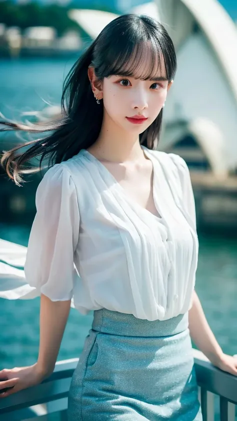 small breast, white shirt tucked in black skirt, earring, sydney opera house, windy, hair flying, night, extremely detailed eyes...