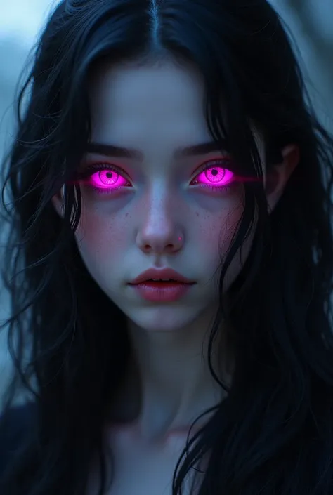 A girl with bright hot pink eyes and long black hair 