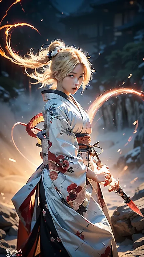 (((((Beautiful eyes, Beautiful Eyes)))))((((Blonde, A large red aura surrounds the body, Shining)))), (King, Dynamic, Jump), Survival ((((A colorful kimono with a red base)))), (Ultra HD, Best Quality, High resolution, Surreal, so beautiful), 24000dpi, Bea...