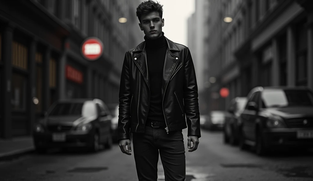 a young man wearing a black leather jacket, black turtleneck, black jeans, and black boots, standing in a dimly lit urban setting, moody and atmospheric lighting, cinematic and dramatic composition, high contrast black and white, master photography, portra...