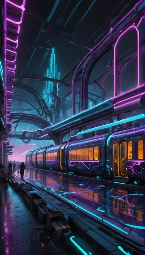 High Resolution, High Quality, Masterpiece. Digital art of a futuristic train station encapsulates cyberpunk aesthetics, featuring grandiose sculptures reminiscent of Louis Tiffany and Dale Chihulys glasswork, cyberpunk-style trains on spiraling tracks, en...