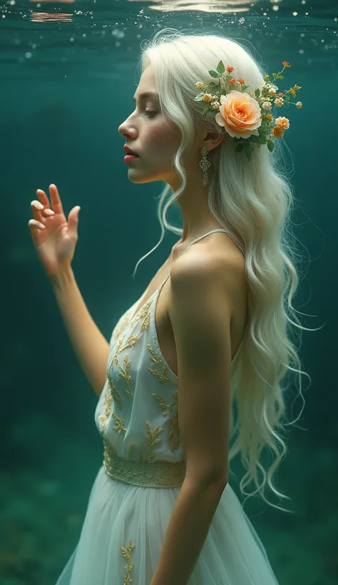 side viwe ,full-body, young woman submerged in dark teal water ,bubble Floating above her in water, she has long wavy platinum hair featuring small white flowers, delicate greenery, and small red berries, along with a prominent peach flower, The scene is s...