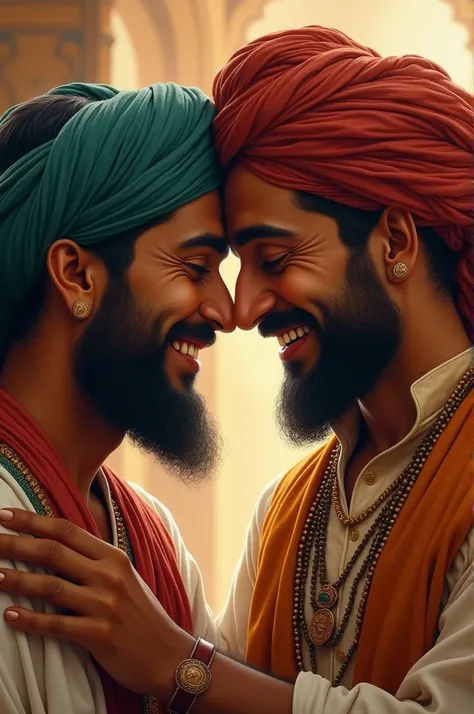 Akbar and Birbal’s Friendship: A close-up of Akbar and Birbal laughing together after the mirror incident, highlighting their friendship and mutual respect.