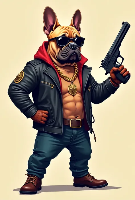 French bulldog with a gold chain around his neck, in a biker leather jacket, in leather gloves, full-length figure, stands in a heroic pose, holds a large pistol in his paw, in sunglasses, illustration, vector, flat style, high quality, bright colors