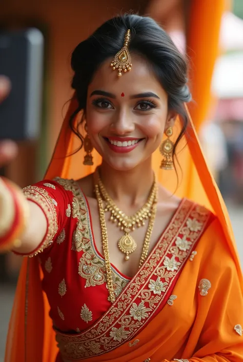 An Indian woman dressed in traditional wedding attire is taking a selfie. She wears a vibrant orange-hued saree with intricate detailing on the top and is adorned with elaborate gold jewelry.. Her hair is beautifully styled and she smiles as she looks into...