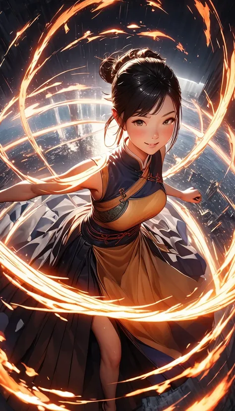 Fisheye lens with flames in background, Chinese girl dancing swords, dressed in Tang costume, a person, upward light, ray tracing, edge light, glow effect, exaggerated action, exaggerated perspective, orange, green, realistic ultra-fine rendering wind, sup...