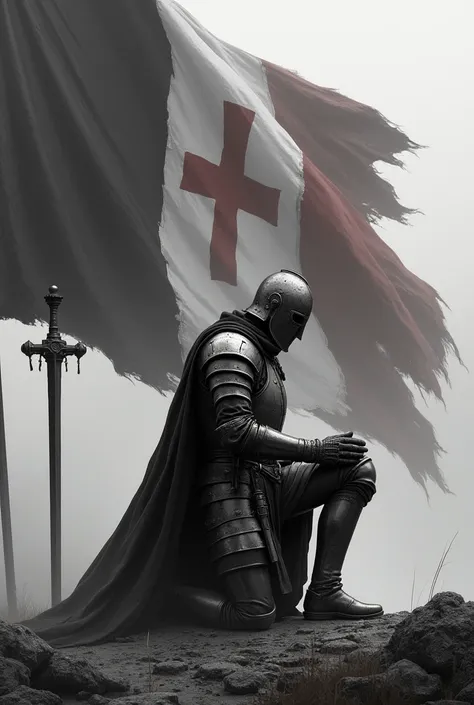 Crusader knight with closed helmet in black and white with a red cross kneeling facing with a large torn French flag in the background