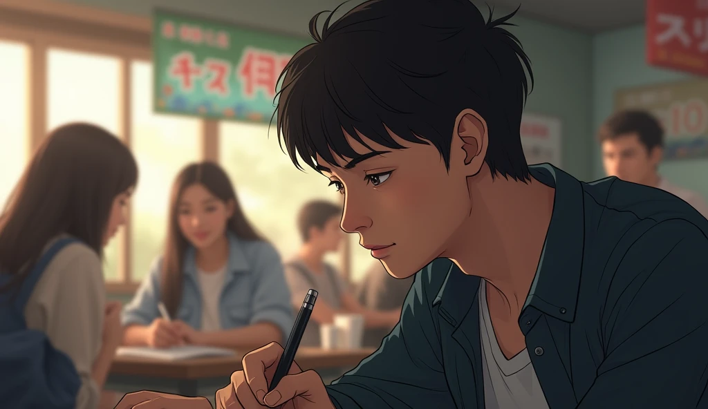 Scene 9: A New Hope
The girl walks back to her table with her friend, but the young man is left staring at his pen, smiling to himself. His face is full of hope and satisfaction. In the background, life in the canteen continues, but he is lost in his own w...