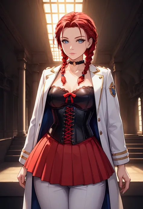 1 girl, portrait of beautiful lobapex, athletic, White jacket, corset, Skirt, pants, black fur, Red hair, braids, make up, choker, neckline, Wide hips, volumetric lighting, Best Quality, masterpiece, intricate details, tone mapping, sharp focus, hyper deta...