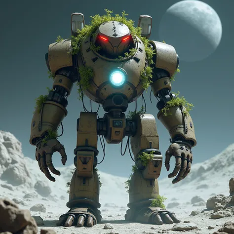 A robot with a futuristic and alien design. he has a humanoid shape, and a worn and rusted metal body. His head has an angular helmet, covered in moss and vines. glowing red eyes. in his chest a strong white light is emitted. It forms more geometric, like ...