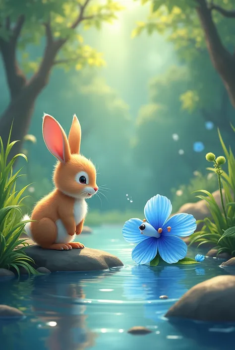 Pipo rabbit finding a small bright blue flower that talks, At the edge of a stream, in a vibrant and charming illustration style.