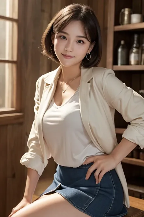 ((High-definition images, masterpiece, Atmospheric Perspective, 8k, Very detailed, Accurate, Best Quality, Single Shot)), (Casual Style), jacket, Unbuttoned shirt, Swollen areola, (Round face, Realistic eye size, Droopy eyes, Red cheeks, smile), (((From fe...