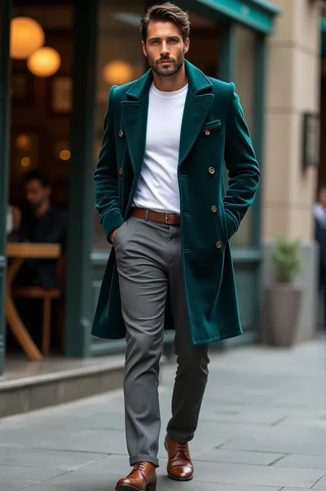 Deep Teal Velvet Jacket: Over a white T-shirt, with dark grey chinos and brown leather Chelsea boots.